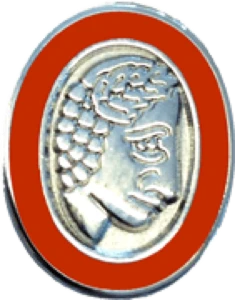 The Court’s Introductory pin: the sommelier’s head in silver on a red ground.