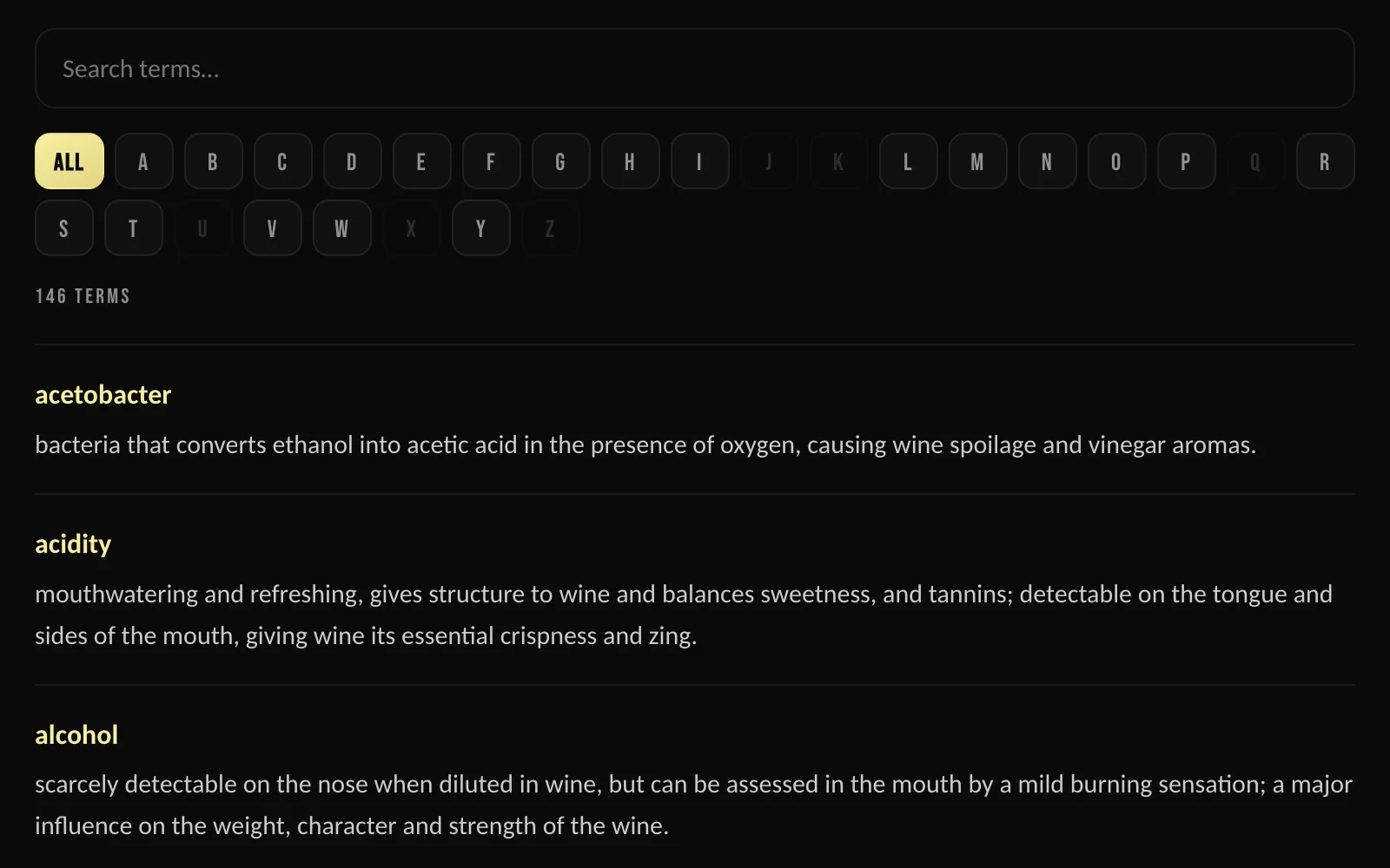 The glossary page: a search field, an A–Z filter, and the book’s own definitions of acetobacter, acidity and alcohol.