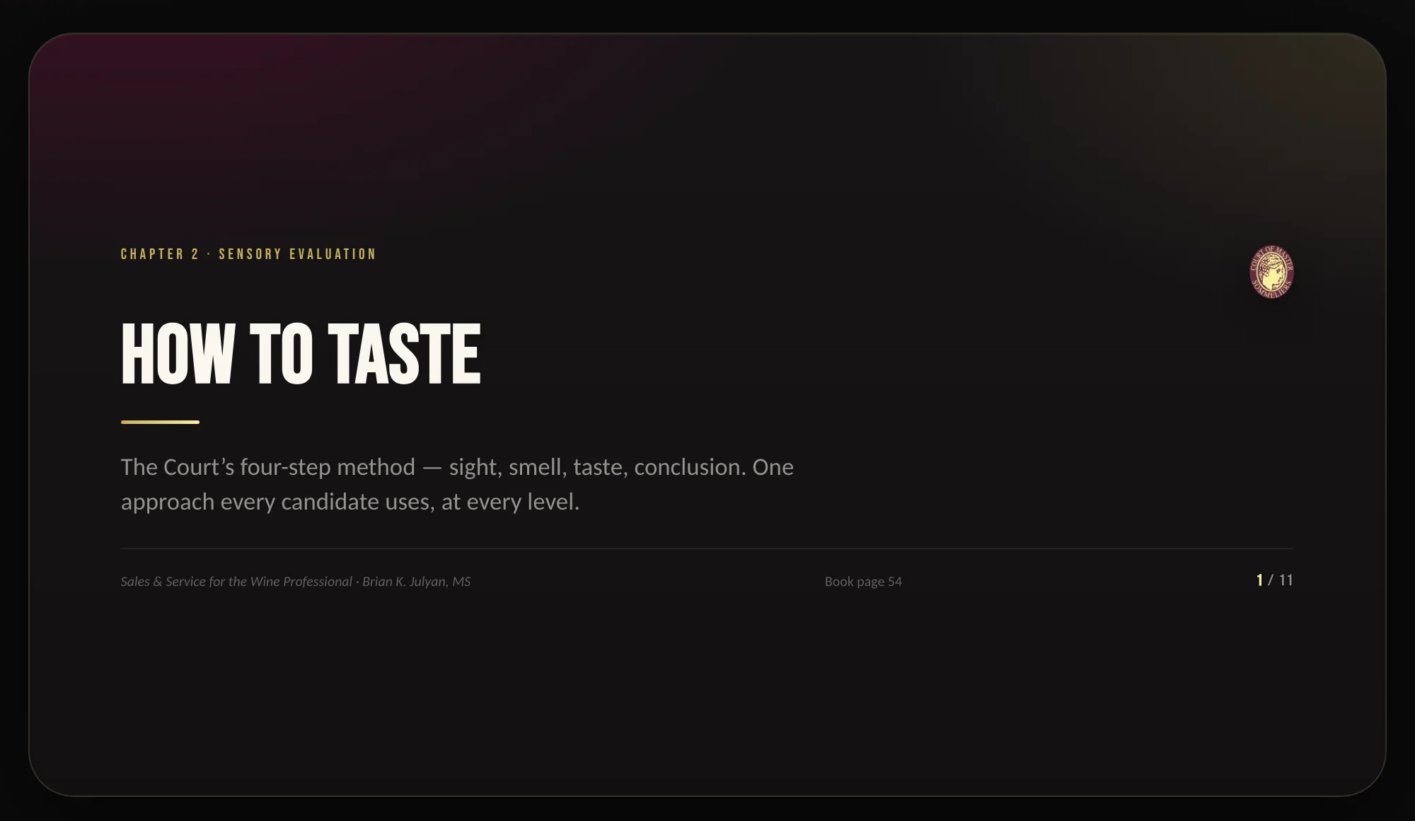 A presentation page from the portal: Chapter 2, Sensory Evaluation — “How to Taste”, the Court’s crest, and the book page it is drawn from.