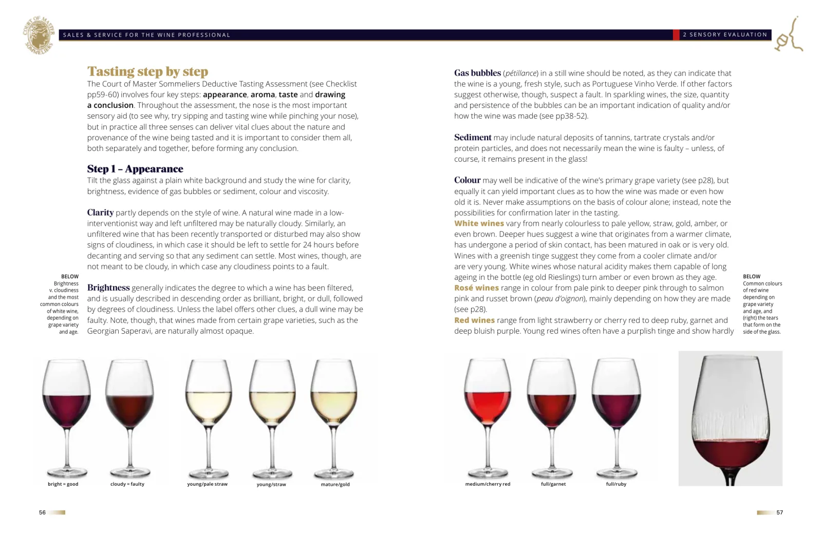 Pages 56 and 57 of the sixth edition — “Tasting step by step”, with the Court’s deductive assessment and a row of wines photographed to show colour and clarity.